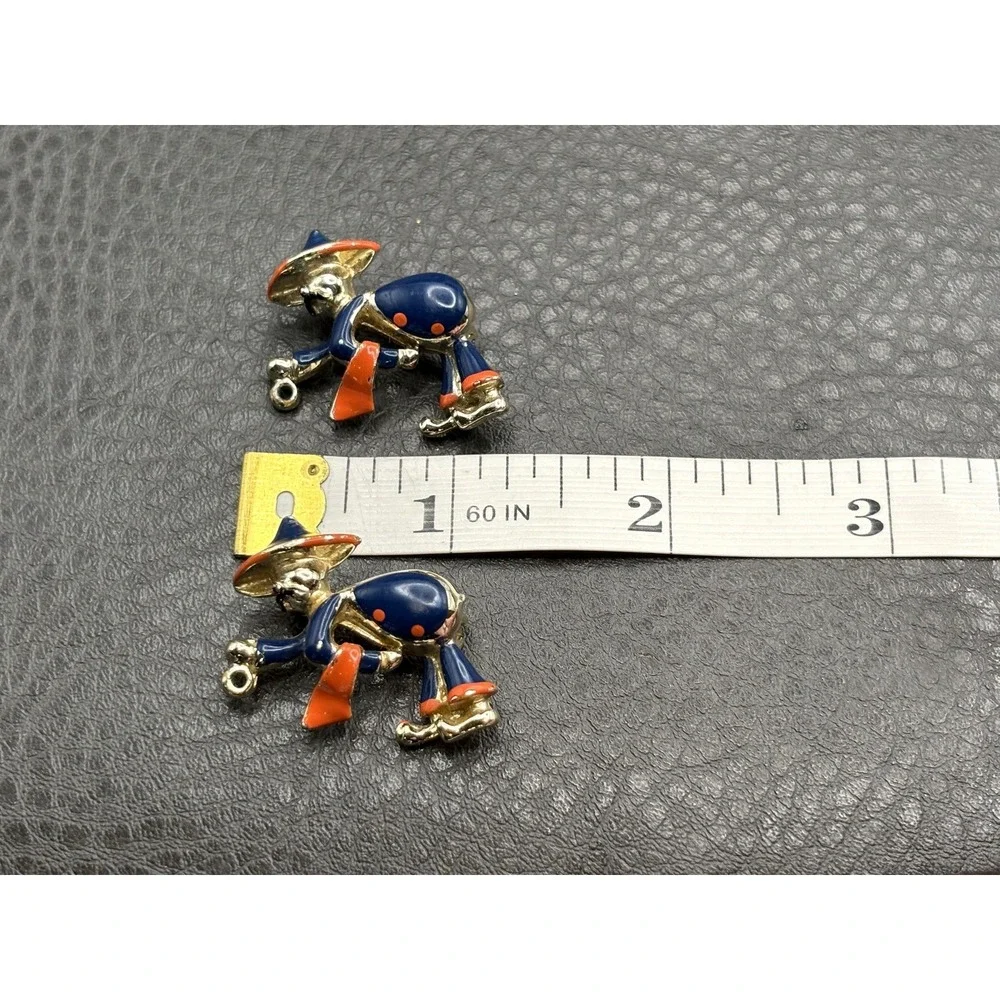 Vintage Lot of 2 1950s Figural Matador Blue Orange Enamel Brooch Pin Gold Tone